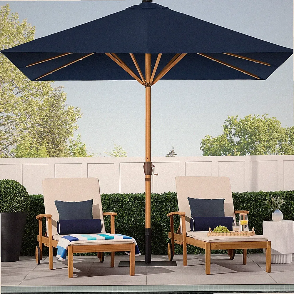 3 Piece Cream Chaise Lounges & LED Navy Blue Umbrella Set Home Patio