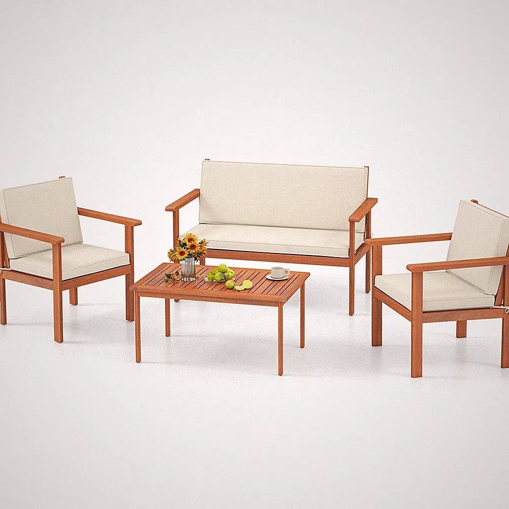 4 PCS Conversation Set w/ Seat & Back Cushions Loveseat Armchairs Acacia Wood