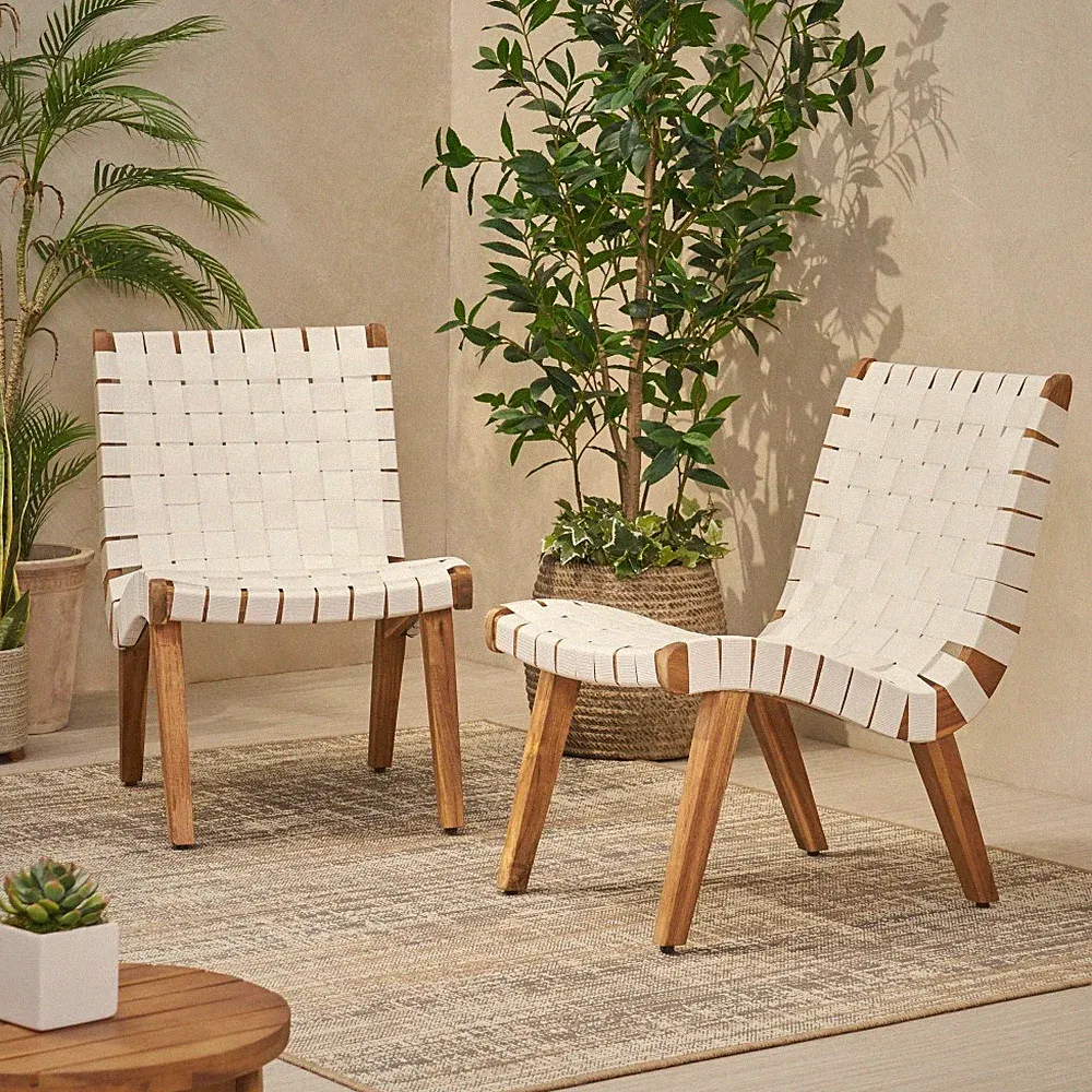 Acacia Wood Lounge Chair, Rope Weave Outdoor Seating w/ Iron Accents - 2 Pack