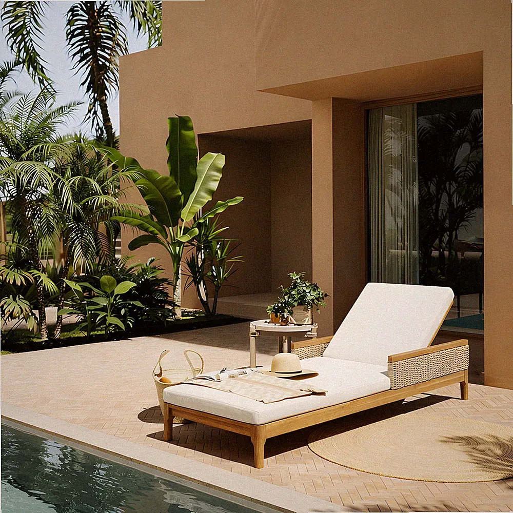 Acacia Wood Sun Lounger Chair w/Beige Cushion & Grey Wicker