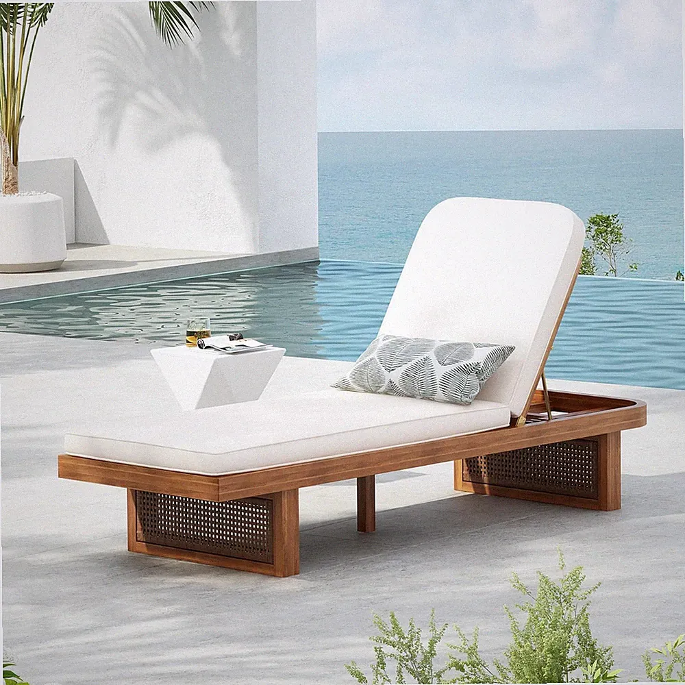 Adjustable Acacia Wood Patio Chaise Lounge with Comfortable Cushion