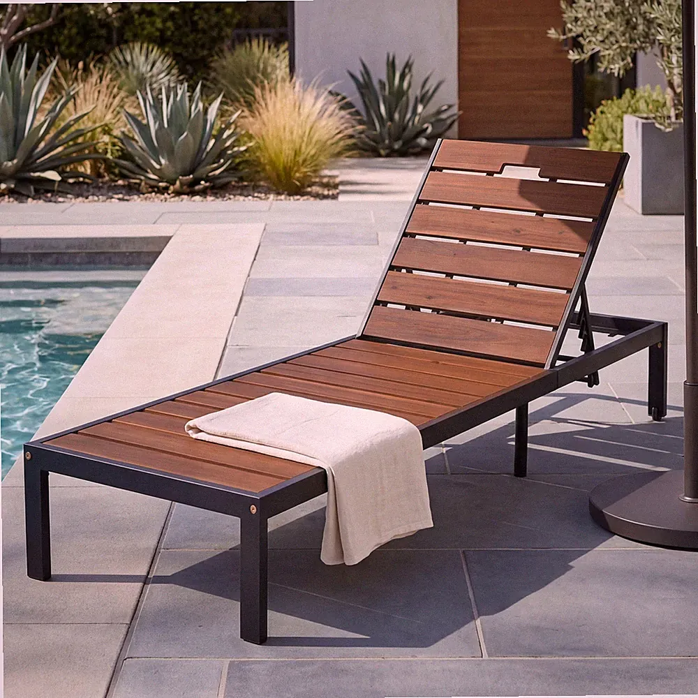 Black Brown Adjustable Backrest Chaise Lounge Chair Outdoor Steel Frame