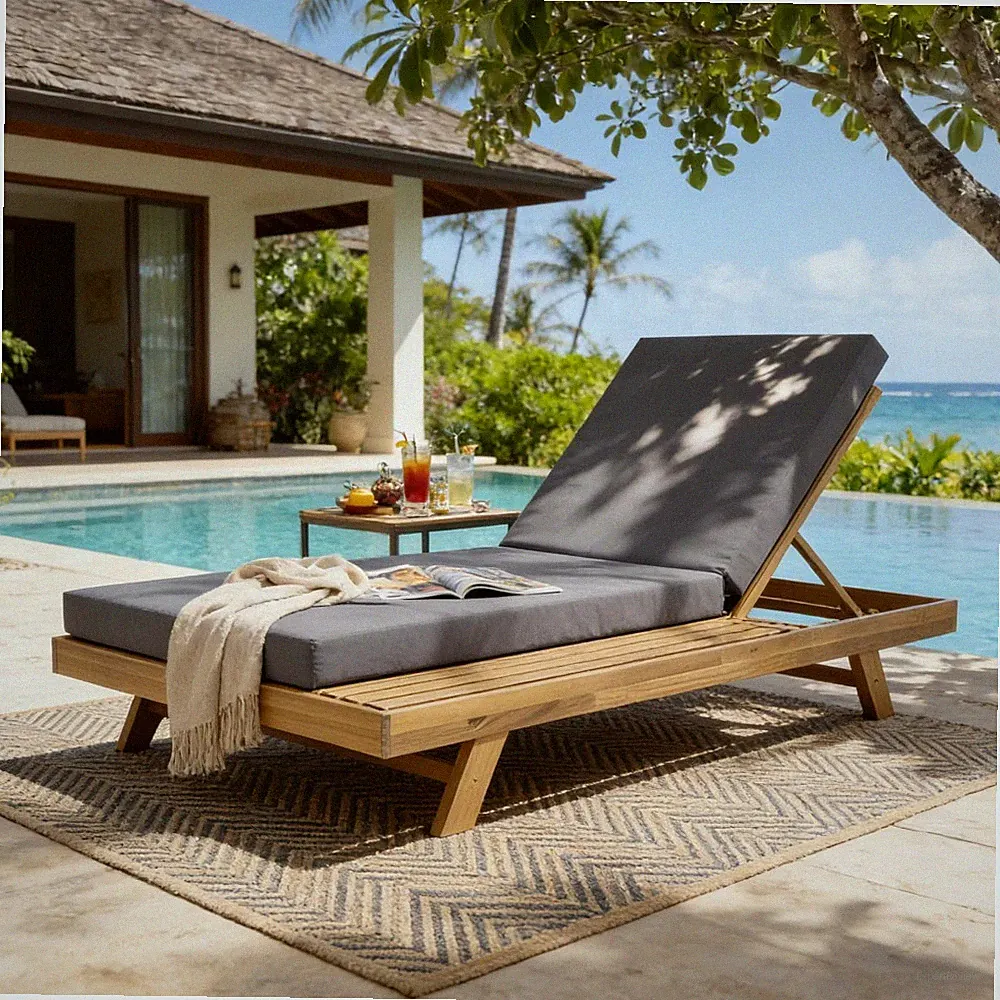 Chaise Lounge Set, Acacia Wood w/ Water-Resistant Cushion, Adjustable Reclining
