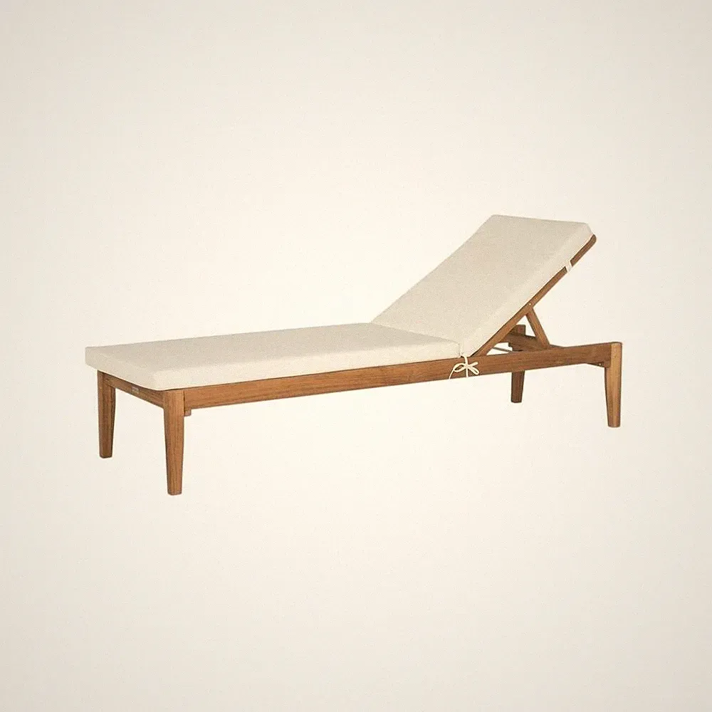 Elegant Outdoor Sun Lounger With Acacia Wood Finish, Brass Accents, And Cushion