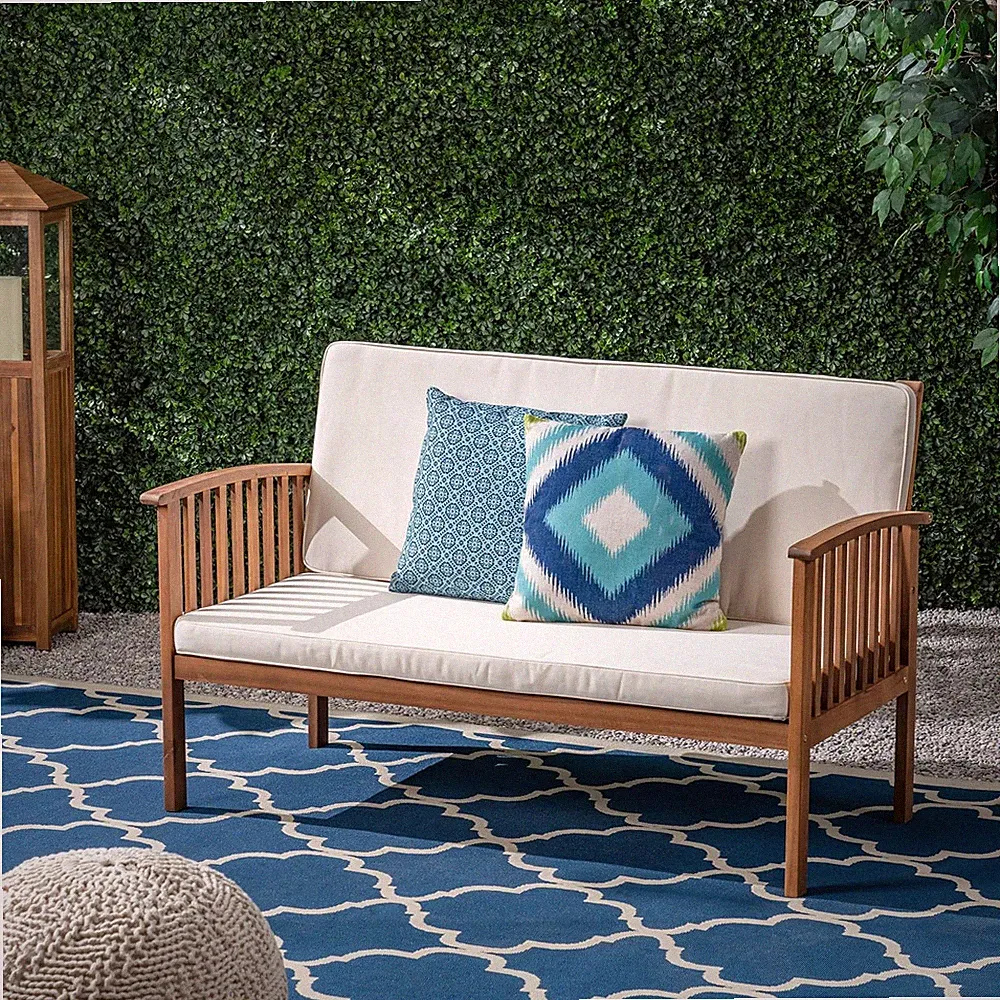 Grace Acacia Wood Loveseat with Brown Patina and Cream Cushions