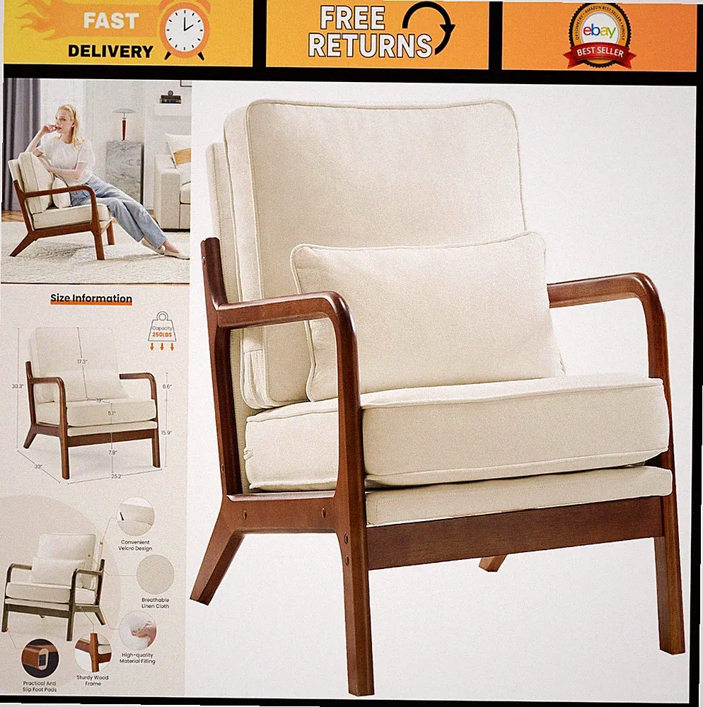 Mid Century Modern Accent Chair with Pillow, Upholstered Lounge Armchair, Beige