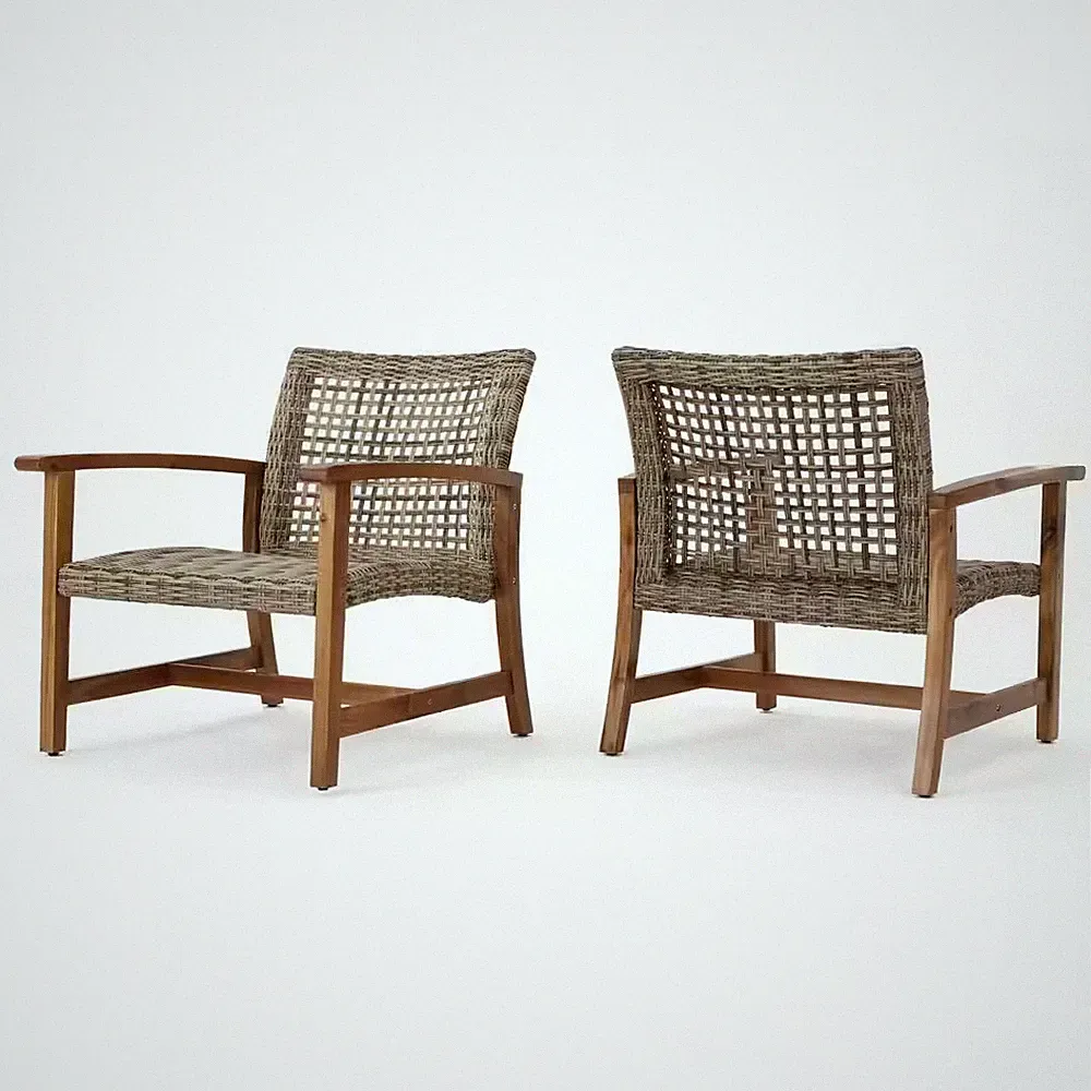 Natural+Gray Acacia Wood Wicker Club Chairs with Acacia Wood Frame Outdoor Loung