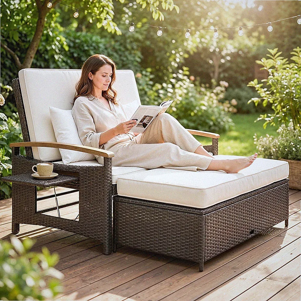 Outsunny Rattan Outdoor Daybed w/4-Level Adjustable Backrest, Beige
