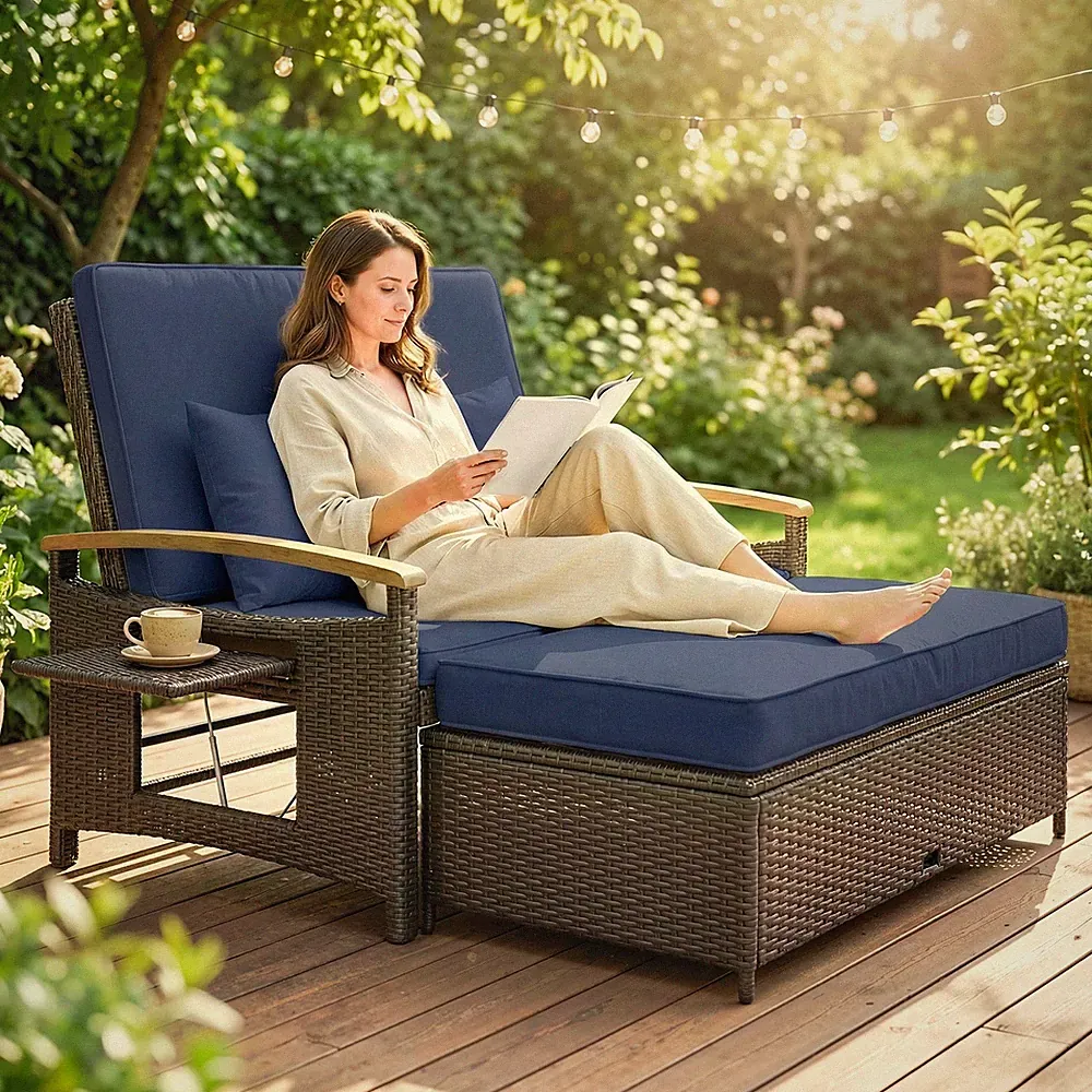 Outsunny Rattan Outdoor Daybed w/4-Level Adjustable Backrest, Navy Blue
