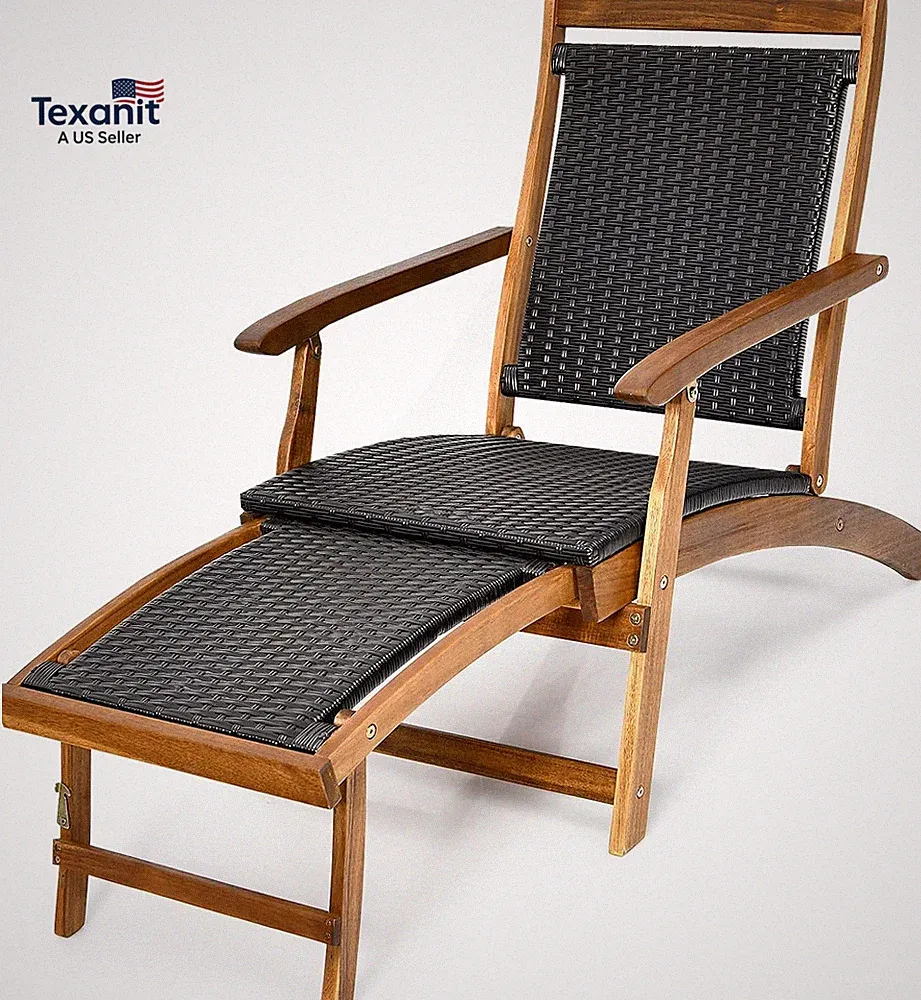Patio Chaise Lounge Chair - Acacia Wood Folding Rattan Wicker Chair W/Retractabl
