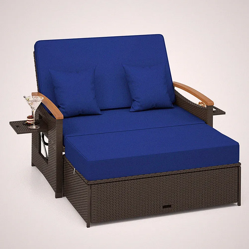Patio Rattan Daybed Set w/Cushioned Loveseat & Storage Ottoman for Porch Navy